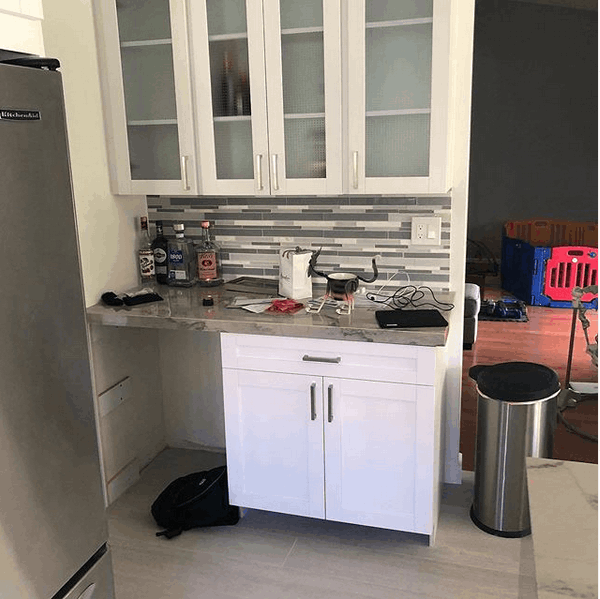 Small kitchen desk with storage on top