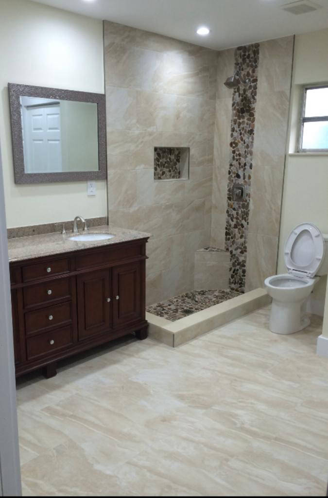 Open shower and mahogany cabinets with mirror